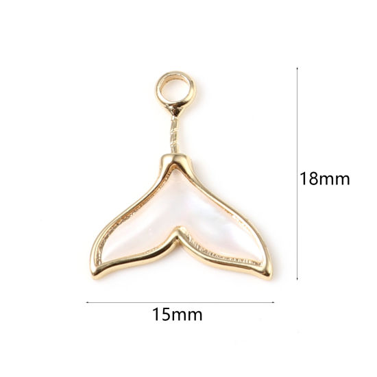 Image de Breloques en Coquille Naturelle & Laiton Queue de Poisson Plaqué Or Véritable 18K Blanc 18mm x 15mm, 1 Pièce