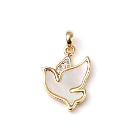 1 Piece Brass Charm Pendant 18K Real Gold Plated White Bird Animal Clear Rhinestone 17mm x 10mm