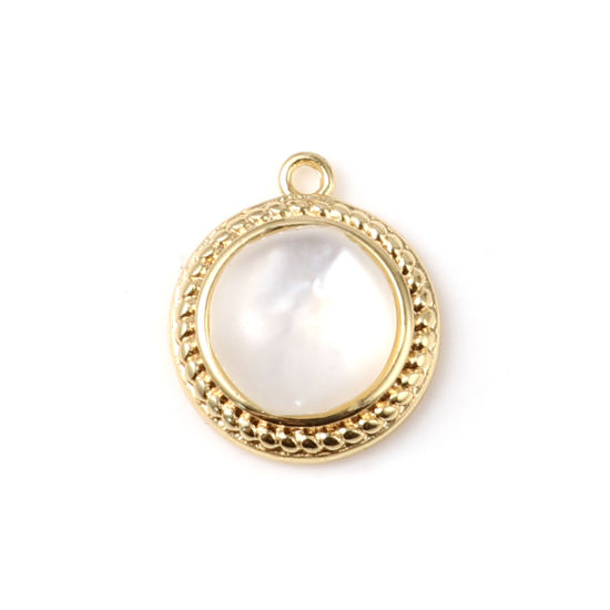 シェル+真鍮 チャーム 円形 18K リアルゴールドメッキ 白 14mmx 12mm、 2 個 の画像