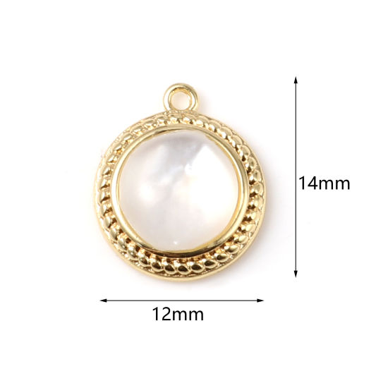 シェル+真鍮 チャーム 円形 18K リアルゴールドメッキ 白 14mmx 12mm、 2 個 の画像