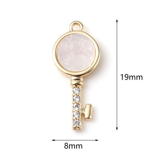 Изображение Перламутр+Латунь Подвески Ключи 18K настоящее золото с покрытием Белый Прозрачный Страз 19мм x 8мм, 1 ШТ