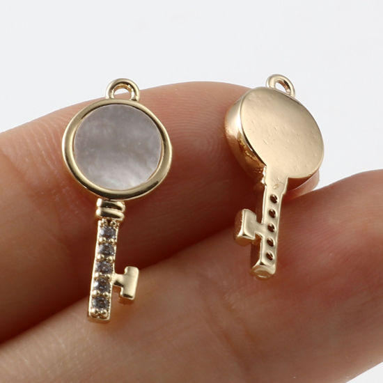 Изображение Перламутр+Латунь Подвески Ключи 18K настоящее золото с покрытием Белый Прозрачный Страз 19мм x 8мм, 1 ШТ