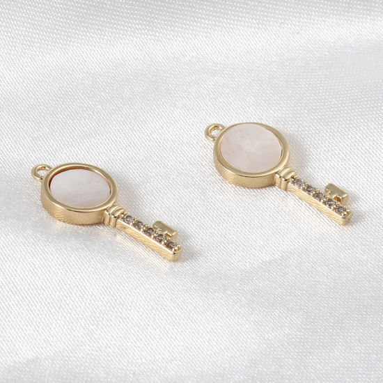 Изображение Перламутр+Латунь Подвески Ключи 18K настоящее золото с покрытием Белый Прозрачный Страз 19мм x 8мм, 1 ШТ