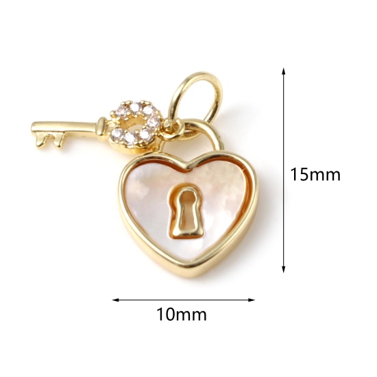 Image de Breloques La Saint Valentin en Coquille Naturelle & Laiton Cœur Plaqué Or Véritable 18K Blanc Clés à Strass Transparent 15mm x 10mm, 1 Pièce