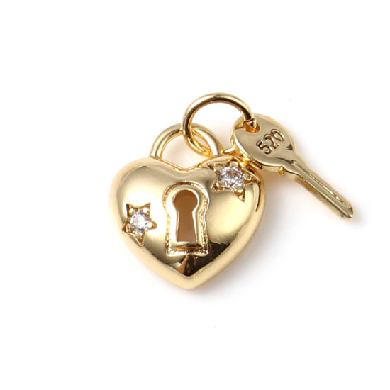 Picture of Brass Valentine's Day Charms Lovers Lock & Key 18K Real Gold Plated Clear Rhinestone 13mm x 10mm, 2 PCs