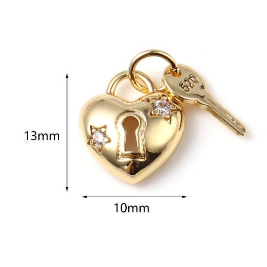 Bild von Messing Valentinstag Charms Schloss & Schlüssel 18K Echtgold plattiert Transparent Strass 13mm x 10mm, 2 Stück