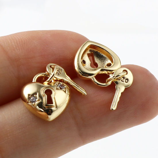 Picture of Brass Valentine's Day Charms Lovers Lock & Key 18K Real Gold Plated Clear Rhinestone 13mm x 10mm, 2 PCs