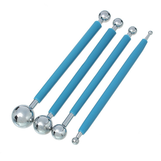 Picture of 304 Stainless Steel & Rubber Handle Set of 4 Metal Ball Flower Modeling Tools Sugarcraft Fondant Cake Decorating Blue & Silver Tone 13.5cm x1.9cm(5 3/8" x 6/8") - 12.5cm x0.7cm(4 7/8" x 2/8"), 1 Set