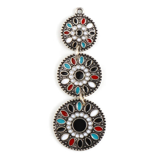 Picture of Zinc Based Alloy Pendants Geometric Antique Silver Color Multicolor Enamel 55mm x 19mm, 2 PCs