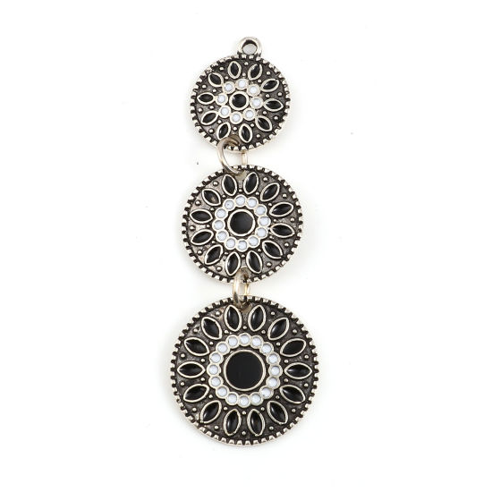Picture of Zinc Based Alloy Pendants Geometric Antique Silver Color Black & White Enamel 55mm x 19mm, 2 PCs