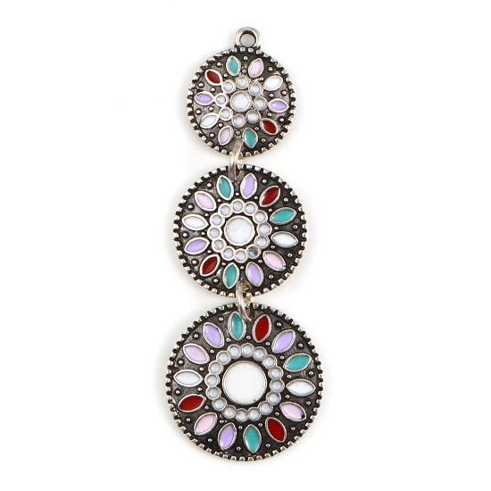 Picture of Zinc Based Alloy Pendants Geometric Antique Silver Color Multicolor Enamel 55mm x 19mm, 2 PCs