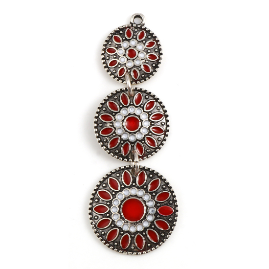Picture of Zinc Based Alloy Pendants Geometric Antique Silver Color Red Enamel 55mm x 19mm, 2 PCs