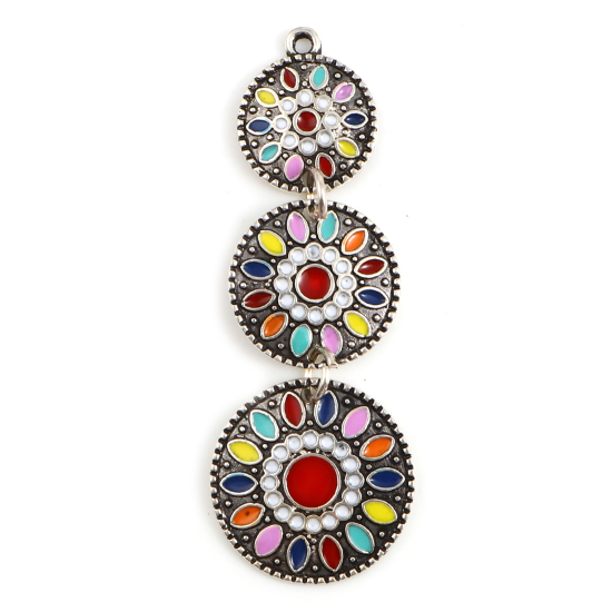Picture of Zinc Based Alloy Pendants Geometric Antique Silver Color Multicolor Enamel 55mm x 19mm, 2 PCs
