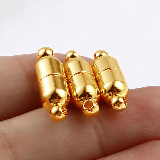 Bild von Messing Magnetverschluss 18K Echtgold plattiert Zylinder Magnetisch 19mm x 6mm, 2 Stück