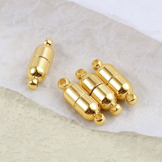 Bild von Messing Magnetverschluss 18K Echtgold plattiert Zylinder Magnetisch 19mm x 6mm, 2 Stück