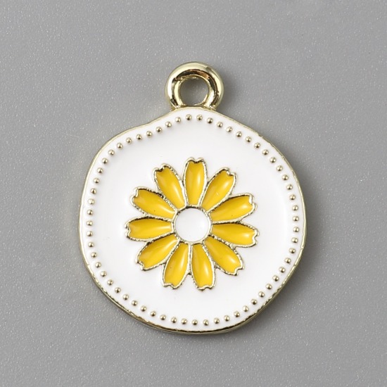 Immagine di Lega di Zinco Charms Tondo Oro Placcato Bianco & Giallo Fiore Margherita Smalto 20mm x 17mm , 5 Pz
