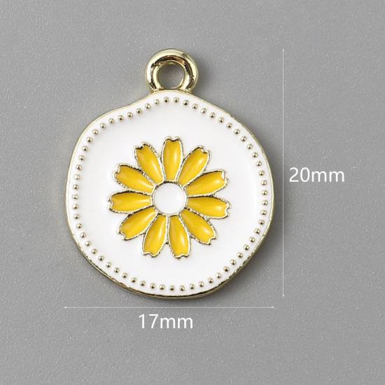 Immagine di Lega di Zinco Charms Tondo Oro Placcato Bianco & Giallo Fiore Margherita Smalto 20mm x 17mm , 5 Pz