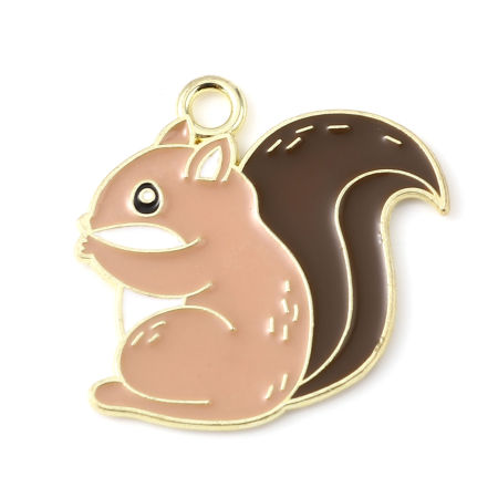 Bild von Zinklegierung Charms Eichhörnchen Vergoldet Hellbraun Emaille 25mm x 25mm, 5 Stück