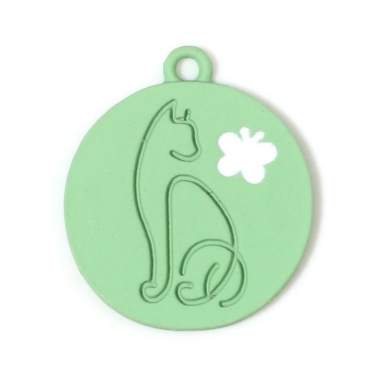 Picture of Zinc Based Alloy Charms Round Green Cat Painted 21mm x 18mm, 10 PCs