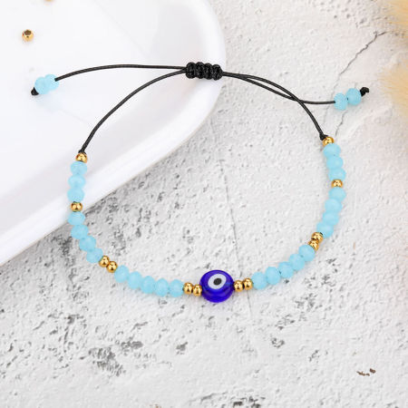 Image de Bracelets Tressés Accessoires Religieux en Acier Inoxydable + Verre Bleu Lac Mauvais Œil Réglable 18cm long, 1 Pièce