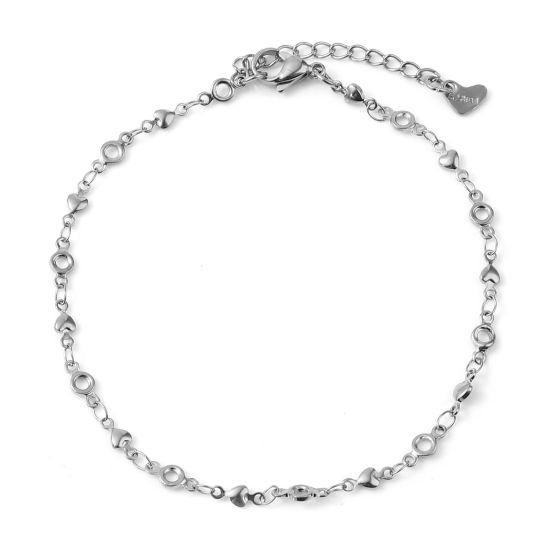 Picture of 304 Stainless Steel Valentine's Day Anklet Silver Tone Circle Ring Heart 23cm - 22.5cm long, 1 Piece