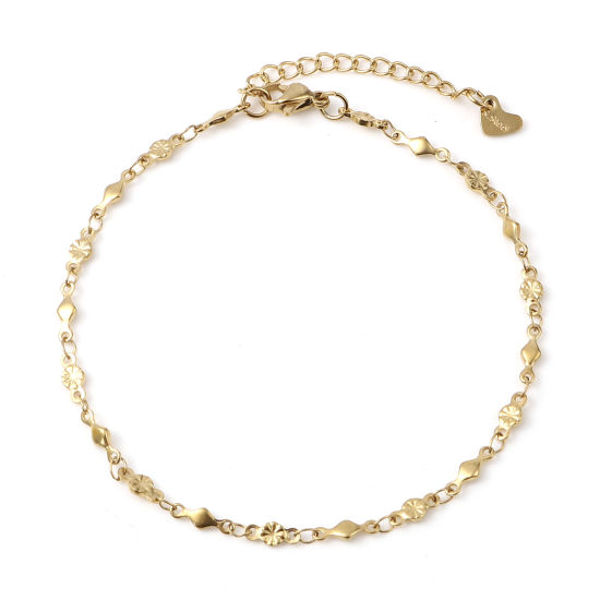 Picture of 1 Piece Vacuum Plating 304 Stainless Steel Stylish Anklet Gold Plated Rhombus Flower 23.5cm - 23cm long