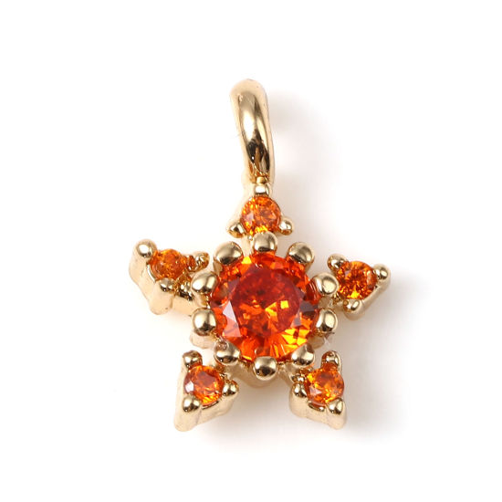 Picture of Brass Galaxy Charms Gold Plated Star Micro Pave Orange Rhinestone 10mm x 7mm, 5 PCs                                                                                                                                                                           