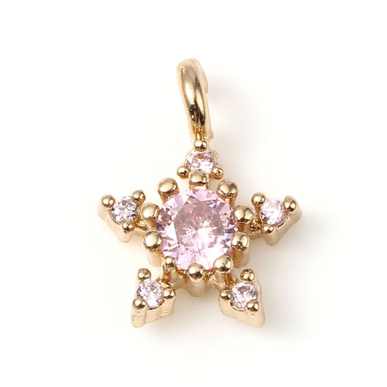 Picture of Brass Galaxy Charms Gold Plated Star Micro Pave Light Pink Rhinestone 10mm x 7mm, 5 PCs                                                                                                                                                                       