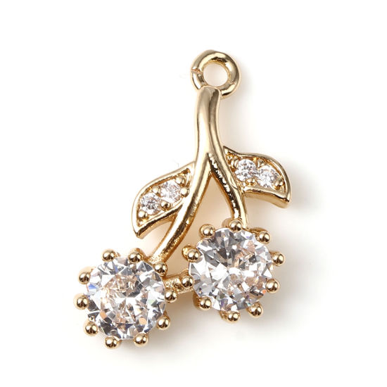 Image de Breloques Micro Pave en Laiton Cerise Doré à Strass Transparent 20mm x 11mm, 5 Pcs