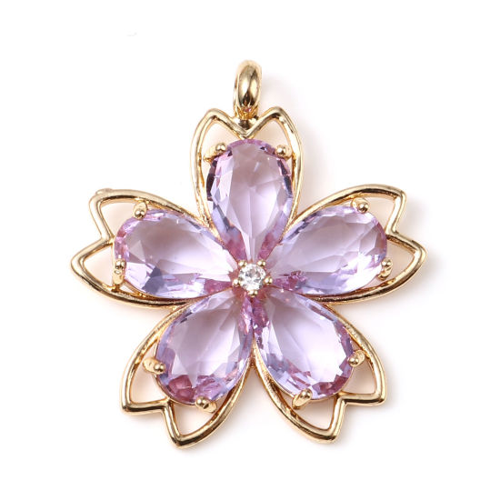 Bild von Messing Anhänger Blumen Vergoldet Amethyst Strass 3.6cm x 3.3cm, 1 Stück                                                                                                                                                                                      