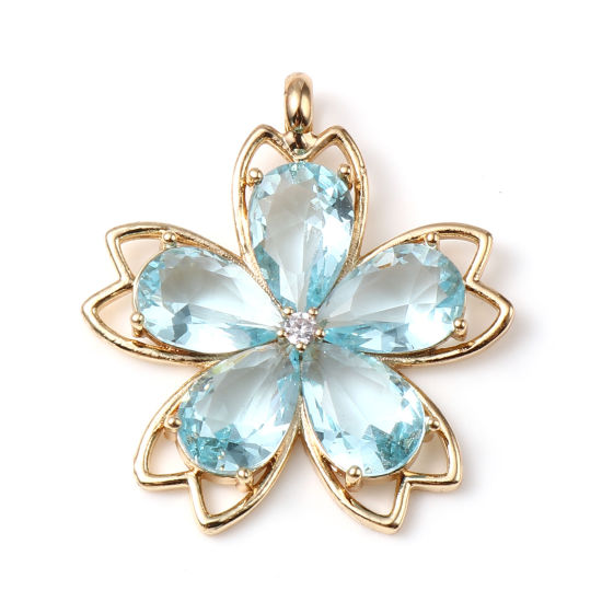 Bild von Messing Anhänger Blumen Vergoldet Blau Strass 3.6cm x 3.3cm, 1 Stück                                                                                                                                                                                          