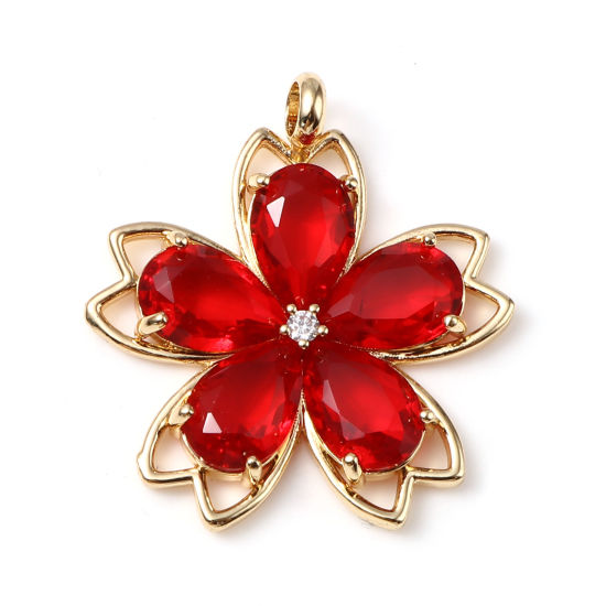 Bild von Messing Anhänger Blumen Vergoldet Rot Strass 3.6cm x 3.3cm, 1 Stück                                                                                                                                                                                           