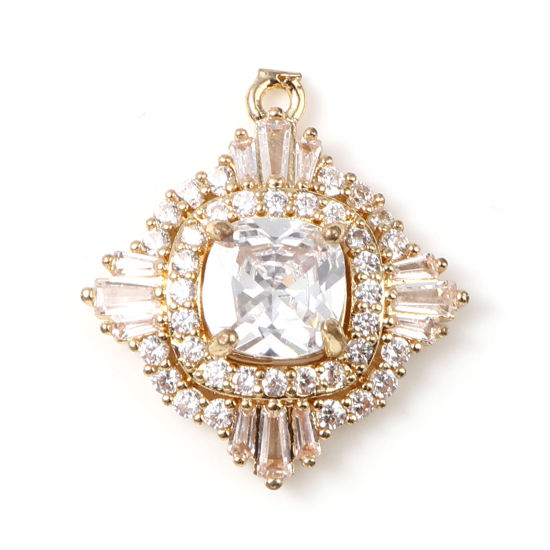 Immagine di Ottone Micro Intarsio Charms Oro Placcato Geometrica Trasparente Strass 25mm x 22mm, 1 Pz