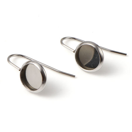 Picture of Stainless Steel Ear Post Stud Earrings Round Silver Tone Cabochon Settings (Fits 8mm Dia.) 20mm x 14mm, Post/ Wire Size: (21 gauge), 6 PCs