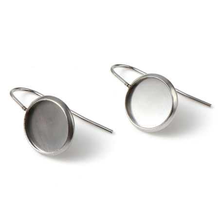 Picture of Stainless Steel Ear Post Stud Earrings Round Silver Tone Cabochon Settings (Fits 10mm Dia.) 21mm x 12mm, Post/ Wire Size: (21 gauge), 6 PCs