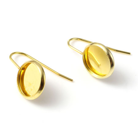 Picture of Stainless Steel Ear Post Stud Earrings Round Gold Plated Cabochon Settings (Fits 10mm Dia.) 21mm x 12mm, Post/ Wire Size: (21 gauge), 6 PCs
