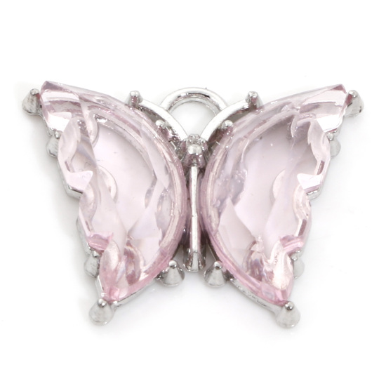 Imagen de Aleación de Zinc del metal + Resina Insecto Colgantes Charms Mariposa Tono de Plata Rosa Intenso 23mm x 19mm - 22mm x 19mm, 10 Unidades