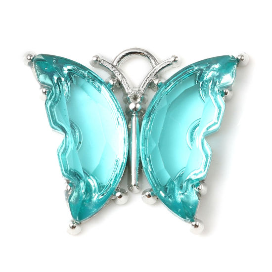 Imagen de Aleación de Zinc del metal + Resina Insecto Colgantes Charms Mariposa Tono de Plata Azulado 23mm x 19mm - 22mm x 19mm, 10 Unidades