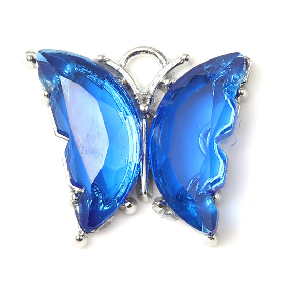 Imagen de Aleación de Zinc del metal + Resina Insecto Colgantes Charms Mariposa Tono de Plata Azul 23mm x 19mm - 22mm x 19mm, 10 Unidades