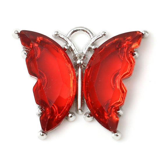 Imagen de Aleación de Zinc del metal + Resina Insecto Colgantes Charms Mariposa Tono de Plata Rojo 23mm x 19mm - 22mm x 19mm, 10 Unidades