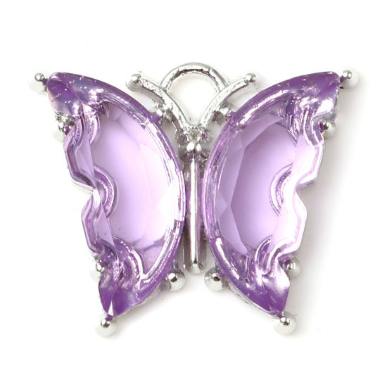 Imagen de Aleación de Zinc del metal + Resina Insecto Colgantes Charms Mariposa Tono de Plata Púrpura 23mm x 19mm - 22mm x 19mm, 10 Unidades