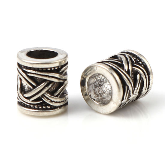 Bild von Zinklegierung Zwischenperlen Spacer Perlen Zylinder Antiksilber Geschnitzte Muster ca. 9mm x 8mm, Loch:ca. 4.8mm, 50 Stück