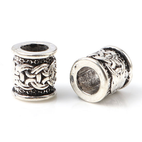 Bild von Zinklegierung Zwischenperlen Spacer Perlen Zylinder Antiksilber Geschnitzte Muster ca. 9mm x 8mm, Loch:ca. 4.8mm, 50 Stück