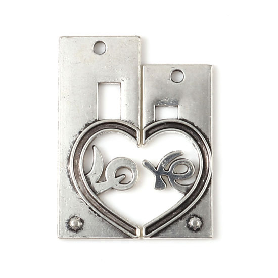Bild von Zinklegierung Anhänger Rechteck Antik Silber Farbe Herz Nachricht "LOVE" 3,5 cm x 1,4 cm 3 cm x 1,2 cm, 10 Sets (2 Stück/Set)