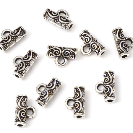 Bild von Zinklegierung Kaution Perlen Zylinder Antiksilber Geschnitzte Muster 10mm x 7mm, 200 Stück