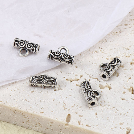 Image de Perle Bélière en Alliage de Zinc Colonne Argent Vieilli Motif Sculpté 10mm x 7mm, 200 Pcs