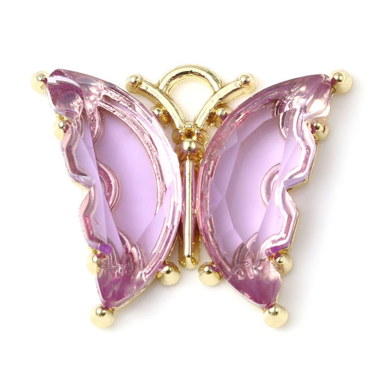 Imagen de Aleación de Zinc del metal + Resina Insecto Colgantes Charms Mariposa Chapado en Oro Púrpura 23mm x 19mm - 22mm x 19mm, 10 Unidades