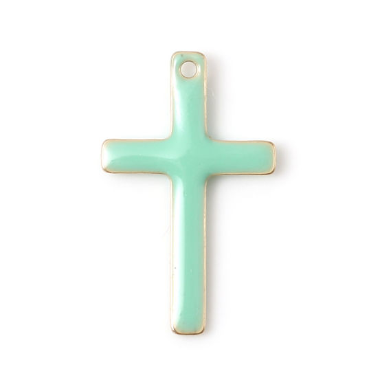 Picture of Brass Religious Charms Gold Plated Light Green Cross Double-sided Enamelled Sequins 18mm x 11mm, 5 PCs