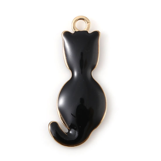 Image de Breloques Sequins Emaillés Double Face en Laiton Chat Doré Noir 18mm x 8mm, 5 Pcs