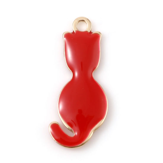 Image de Breloques Sequins Emaillés Double Face en Laiton Chat Doré Rouge 18mm x 8mm, 5 Pcs
